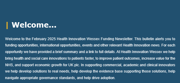 February 2025 edition of Health Innovation Wessex Funding Newsletter